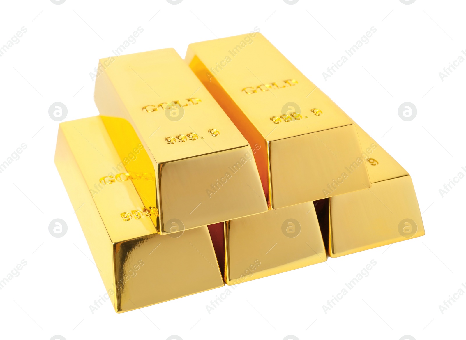 Photo of Precious shiny gold bars on white background