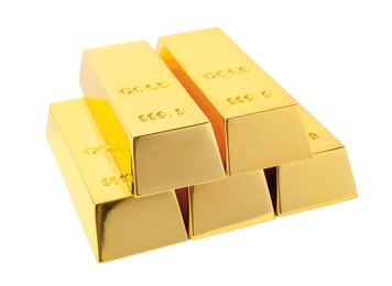 Photo of Precious shiny gold bars on white background