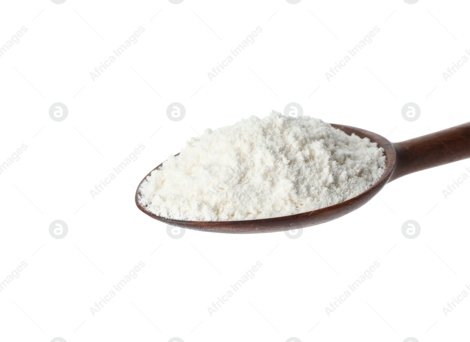 Photo of Spoon of wheat flour isolated on white