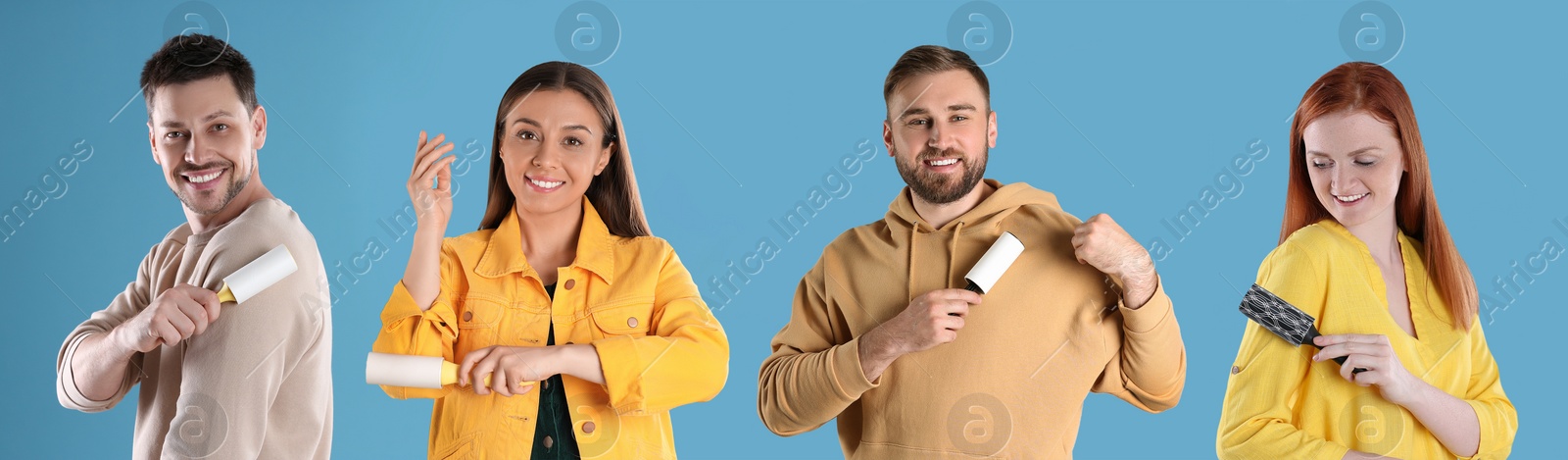 Image of People cleaning clothes with lint rollers on blue background, collage. Banner design