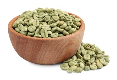 Wooden bowl with green coffee beans on white background
