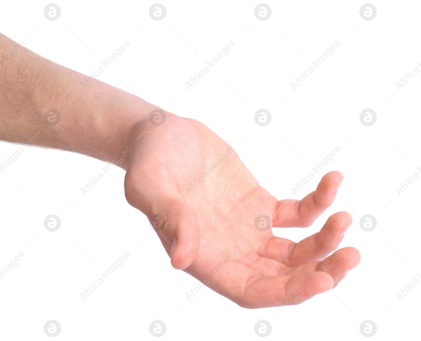 Photo of Man holding hand on white background, closeup