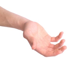 Photo of Man holding hand on white background, closeup