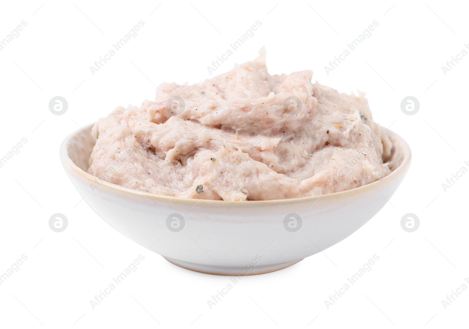 Photo of Delicious lard spread in bowl on white background