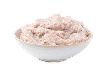 Photo of Delicious lard spread in bowl on white background