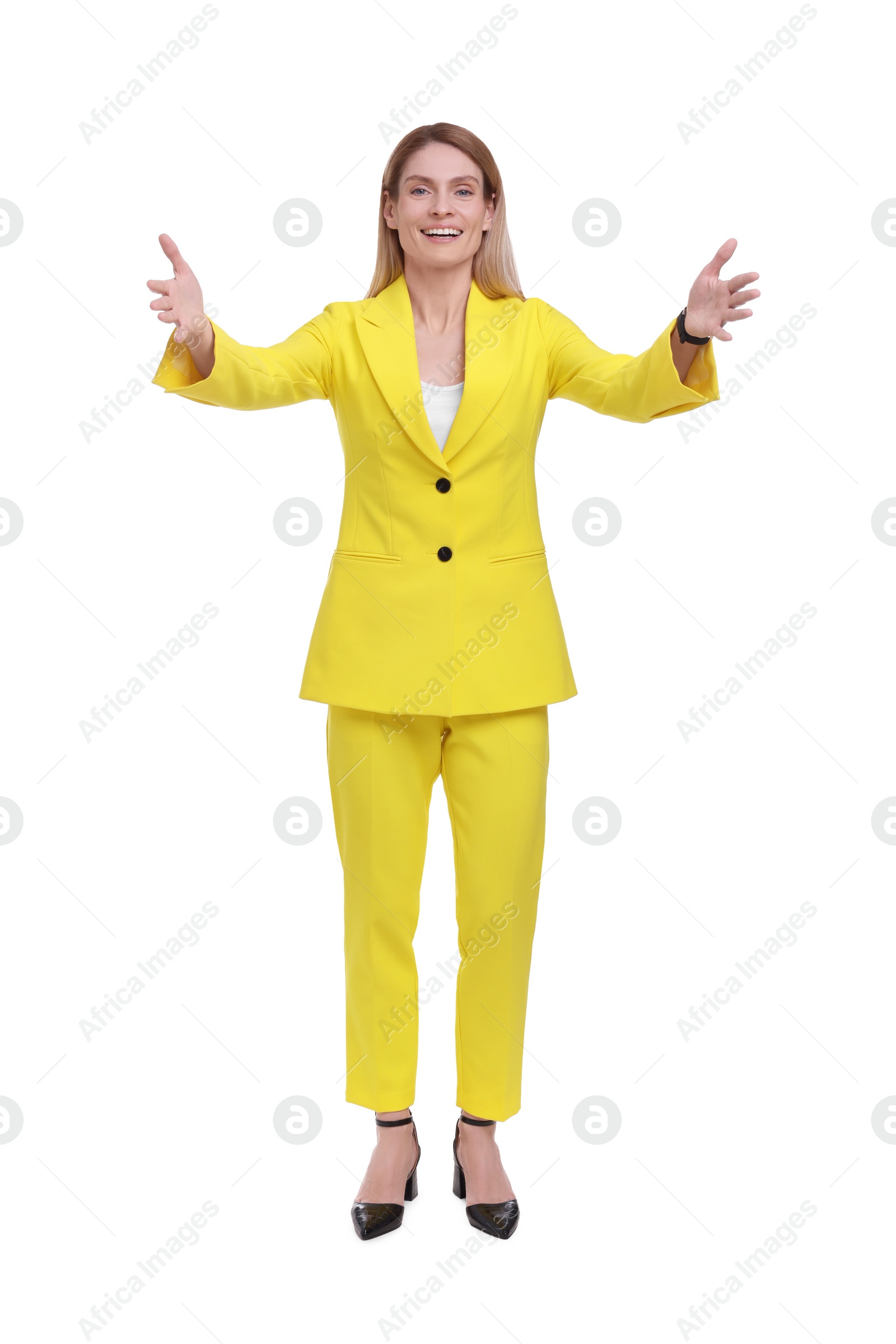 Photo of Beautiful happy businesswoman welcoming on white background