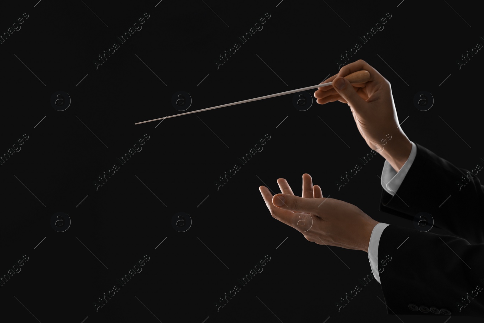 Photo of Professional conductor with baton on black background, closeup. Space for text