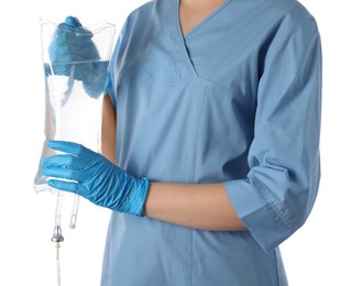 Photo of Nurse with IV infusion set on white background, closeup