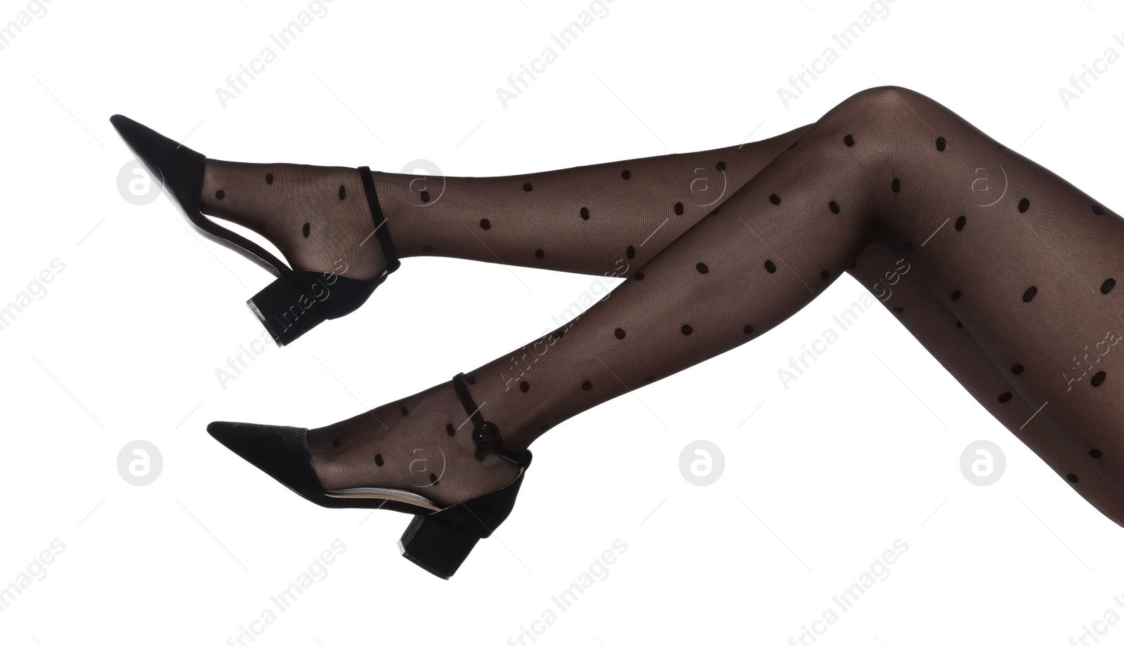 Photo of Woman wearing tights and stylish shoes on white background, closeup