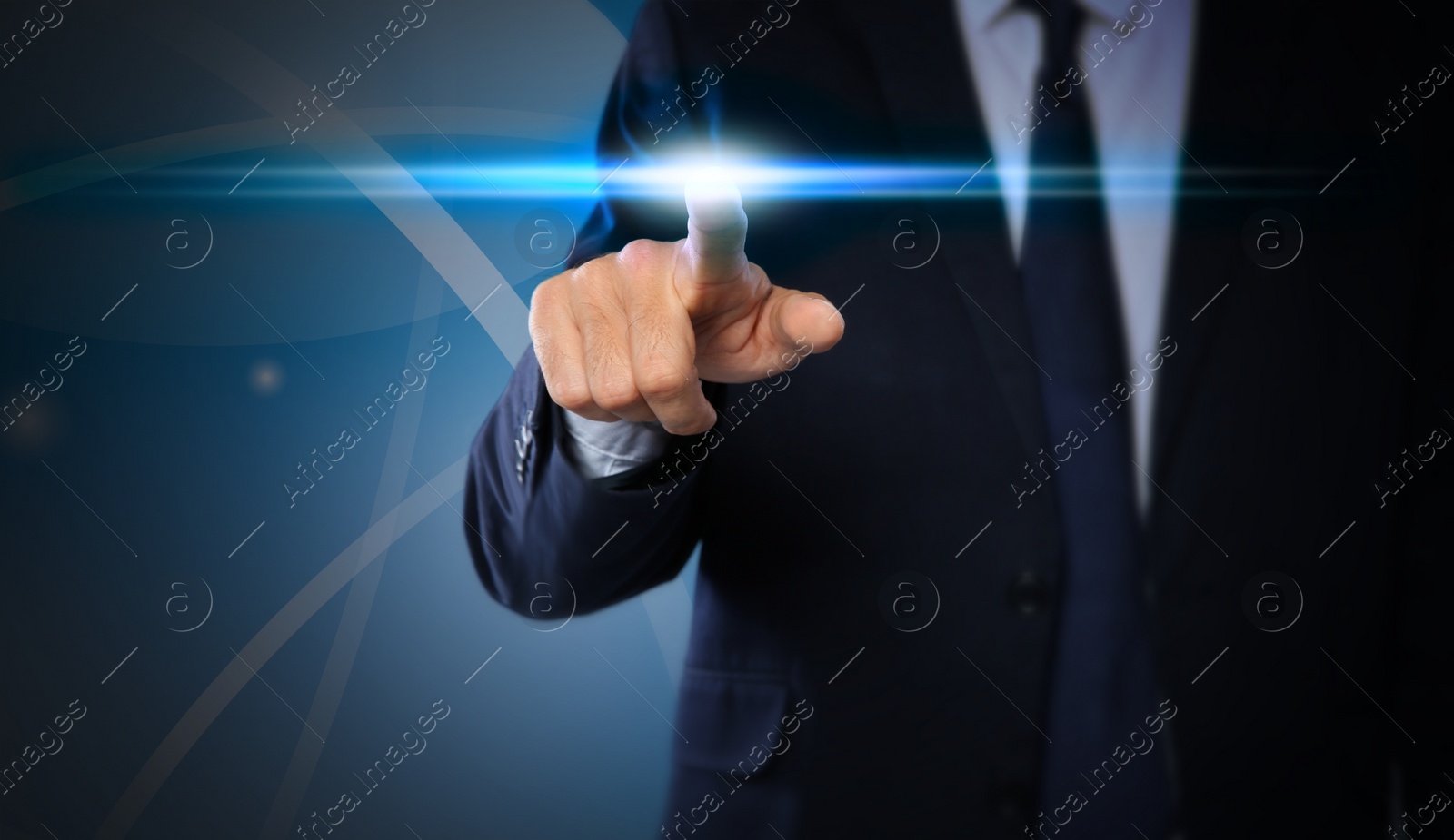 Image of Man pressing button on virtual screen, closeup