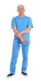 Photo of Full length portrait of male doctor in scrubs with stethoscope isolated on white. Medical staff