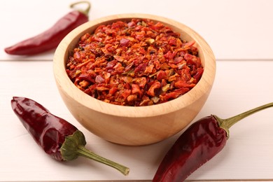 Photo of Chili pepper flakes in bowl and pods on white wooden table, closeup