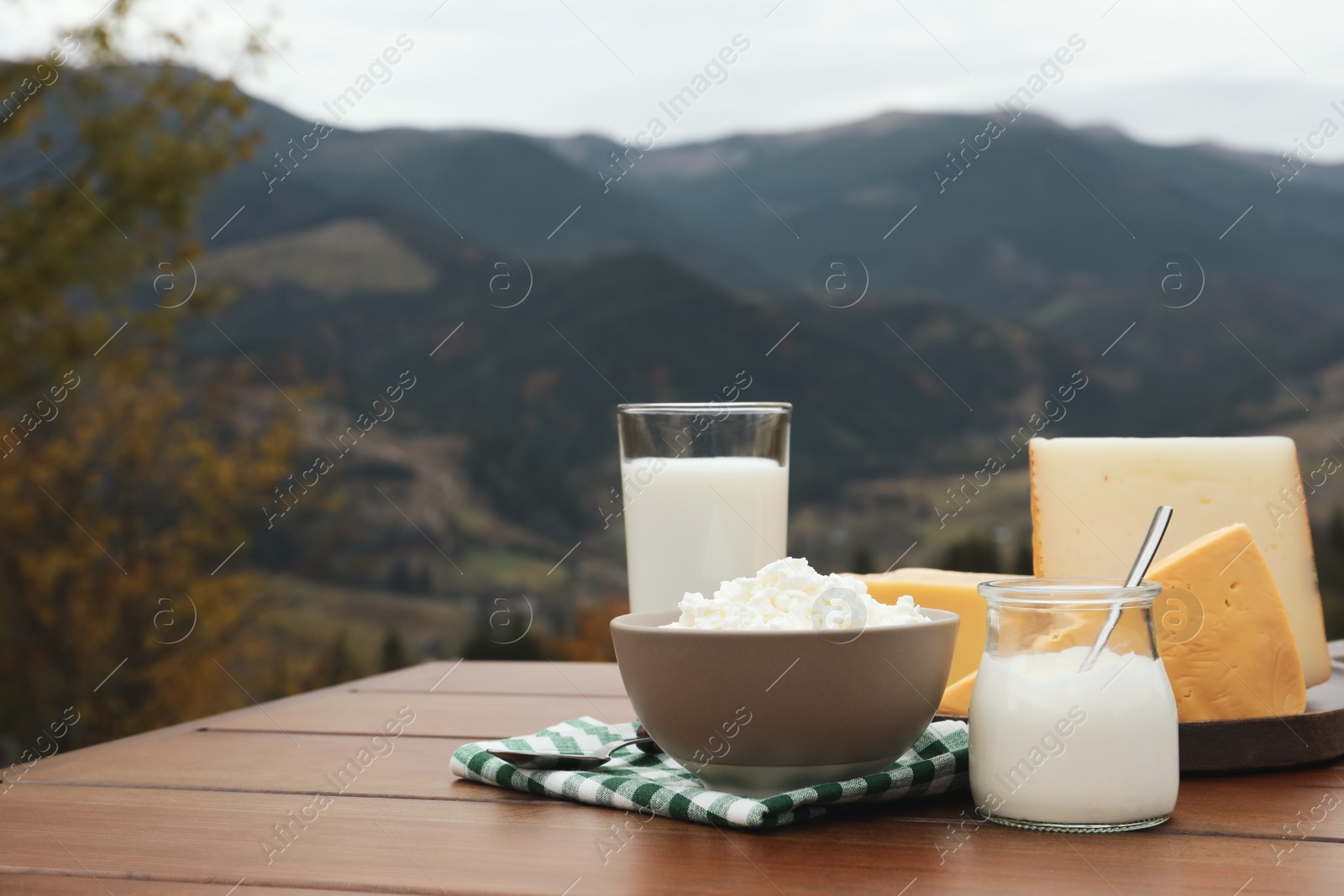 Photo of Tasty cottage cheese and other fresh dairy products on wooden table in mountains. Space for text