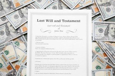 Last Will and Testament with dollar bills, top view