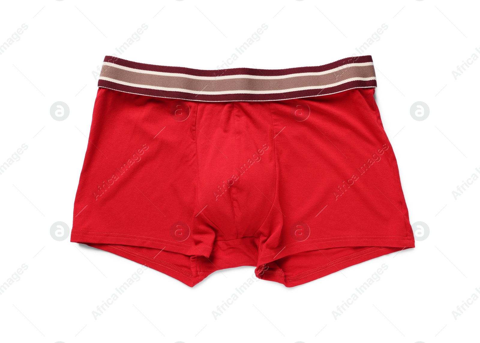 Photo of Comfortable red men's underwear isolated on white, top view