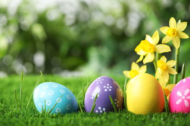 Photo of Colorful Easter eggs and daffodil flowers in green grass. Space for text
