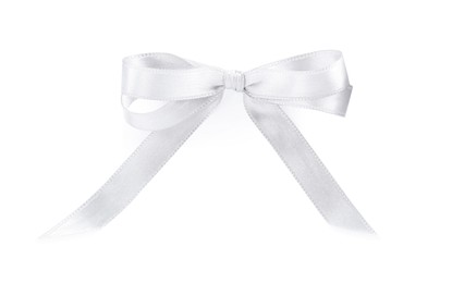 Photo of Beautiful ribbon tied in bow isolated on white, top view