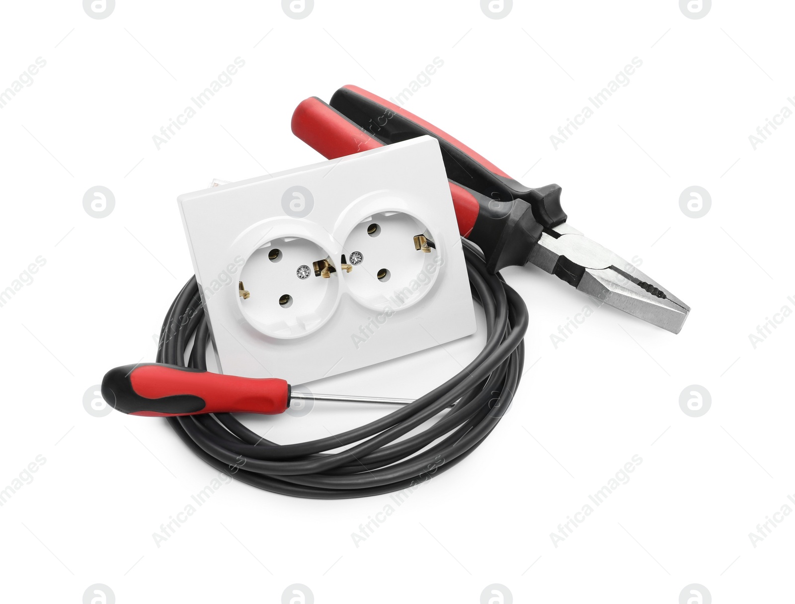 Photo of Set of sockets and electrician's tools isolated on white