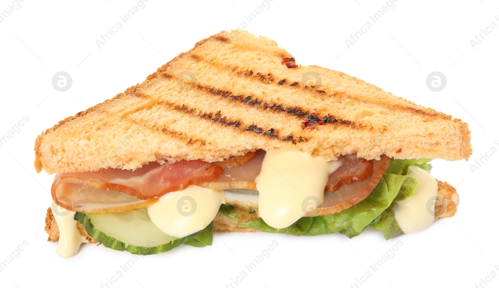 Photo of Delicious sandwich with vegetables, ham and mayonnaise