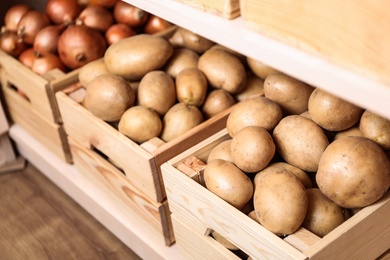 Crates with potatoes and onions on shelf. Orderly storage