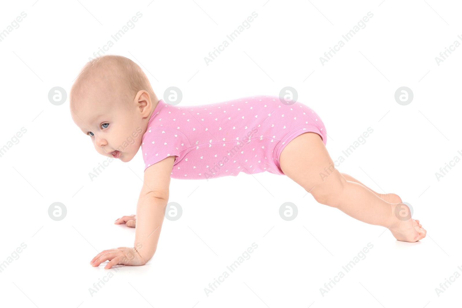 Photo of Cute little baby crawling on white background