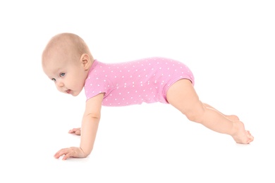 Cute little baby crawling on white background