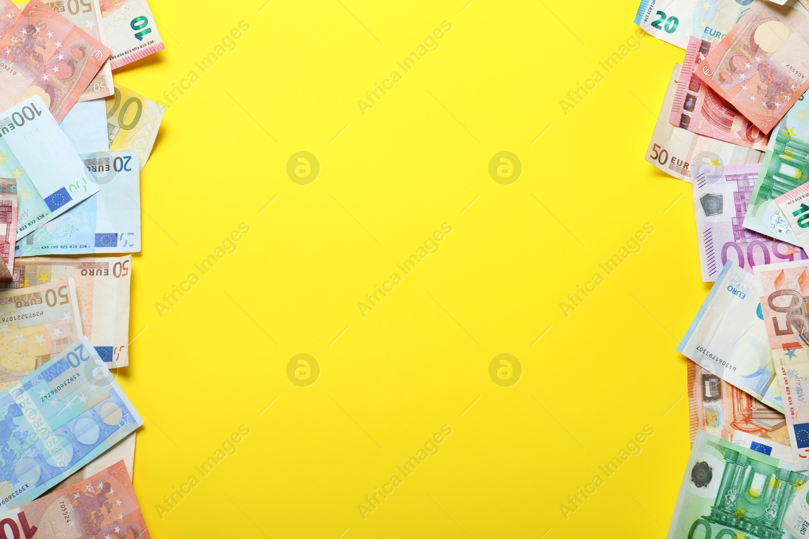 Image of Frame of money on yellow background, flat lay. Space for text