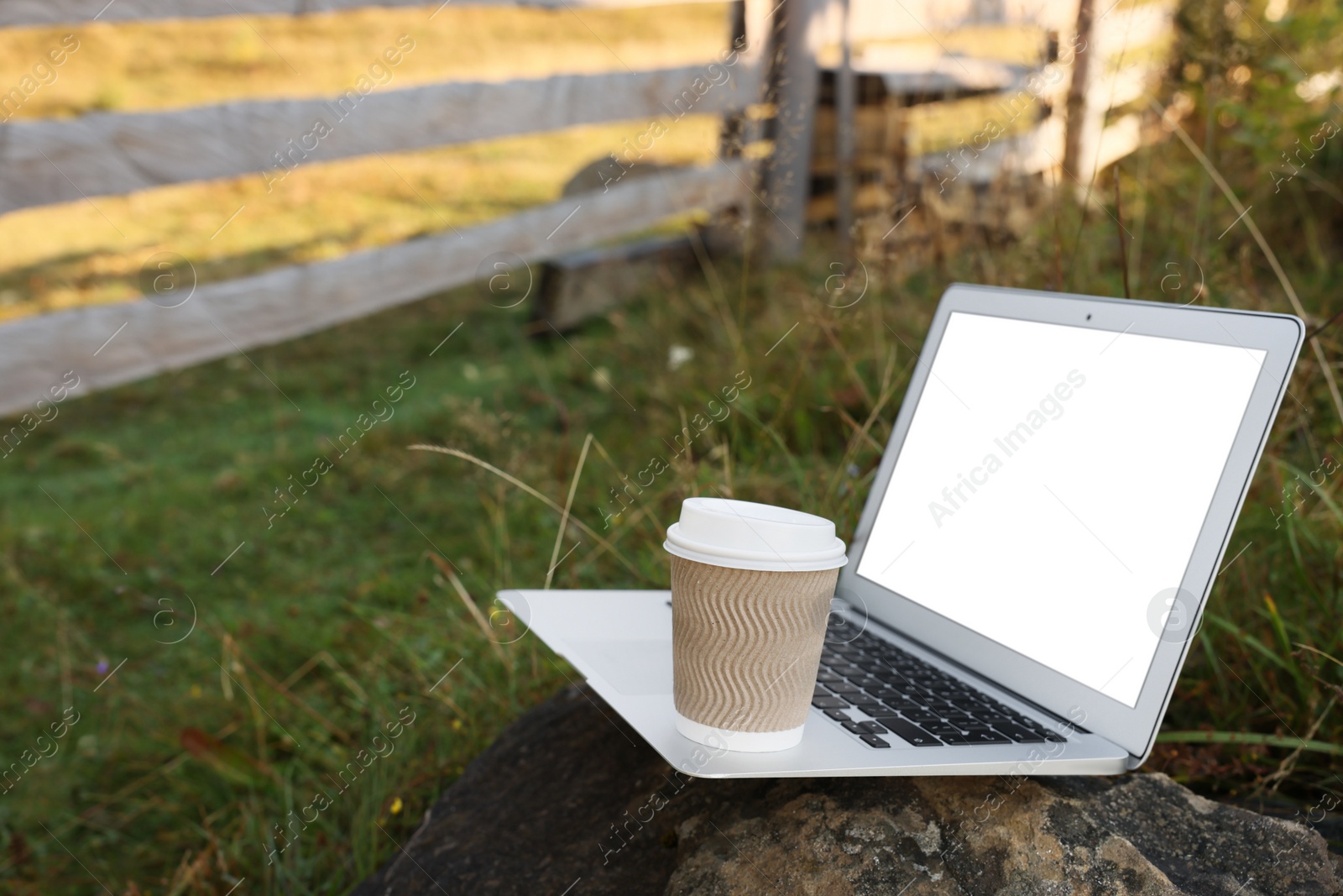 Photo of Modern laptop with blank screen and coffee cup on stone in nature, space for text. Working outdoors