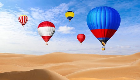 Hot air balloons in sky over desert. Banner design