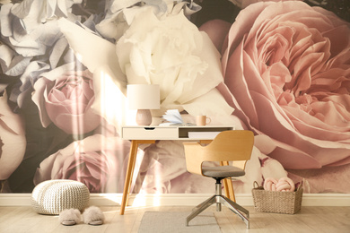 Photo of Stylish floral room interior with modern desk
