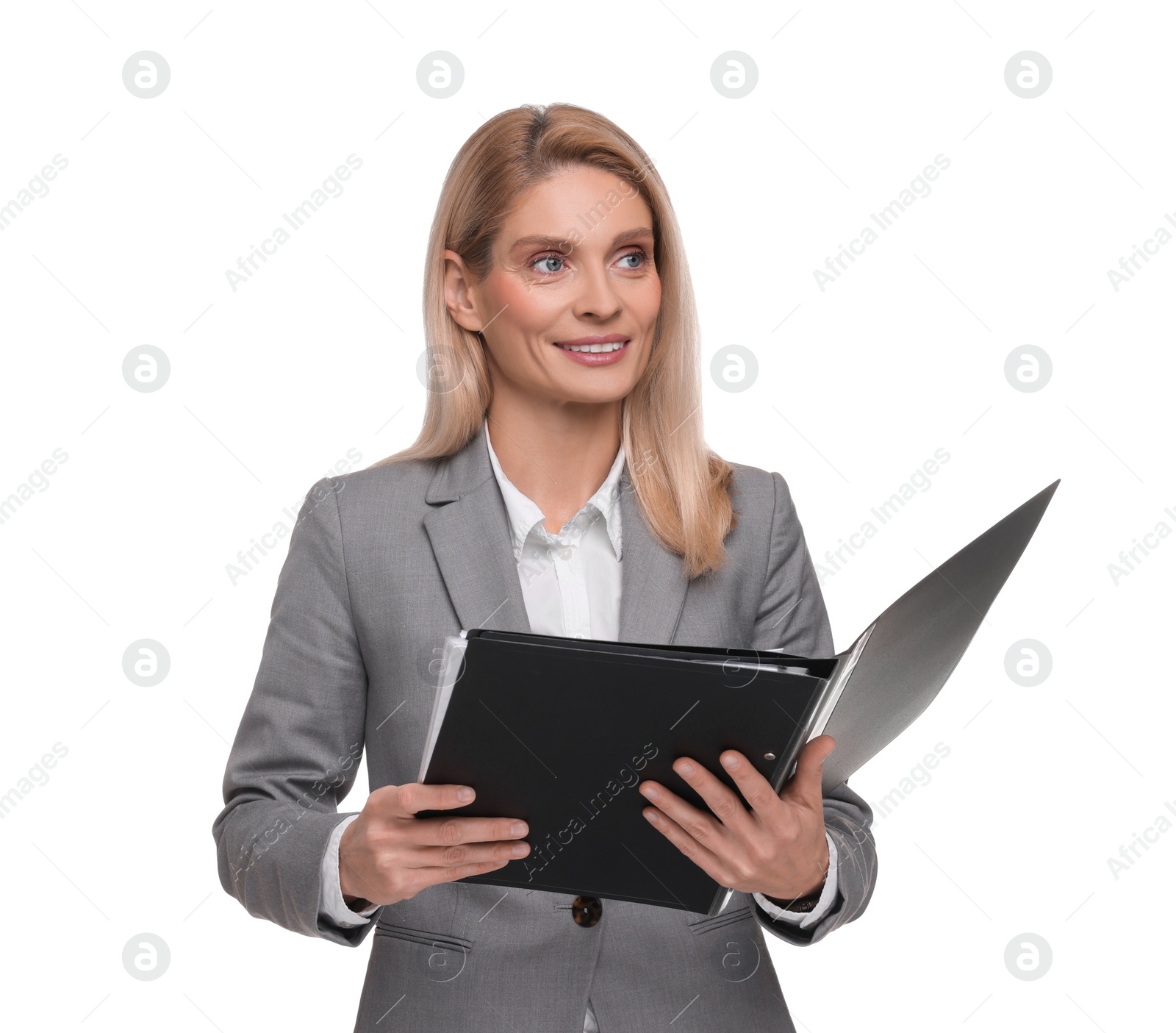 Photo of Portrait of smiling woman with folder on white background. Lawyer, businesswoman, accountant or manager