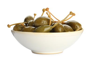 Photo of Many capers in bowl isolated on white