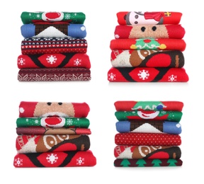 Image of Set with stacks of folded Christmas sweaters on white background