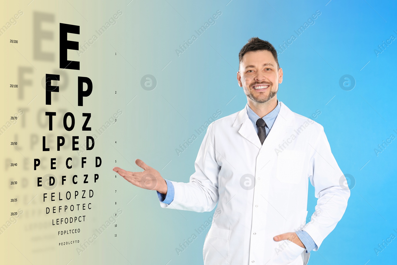 Image of Vision test. Ophthalmologist or optometrist pointing at eye chart on yellow and blue gradient background