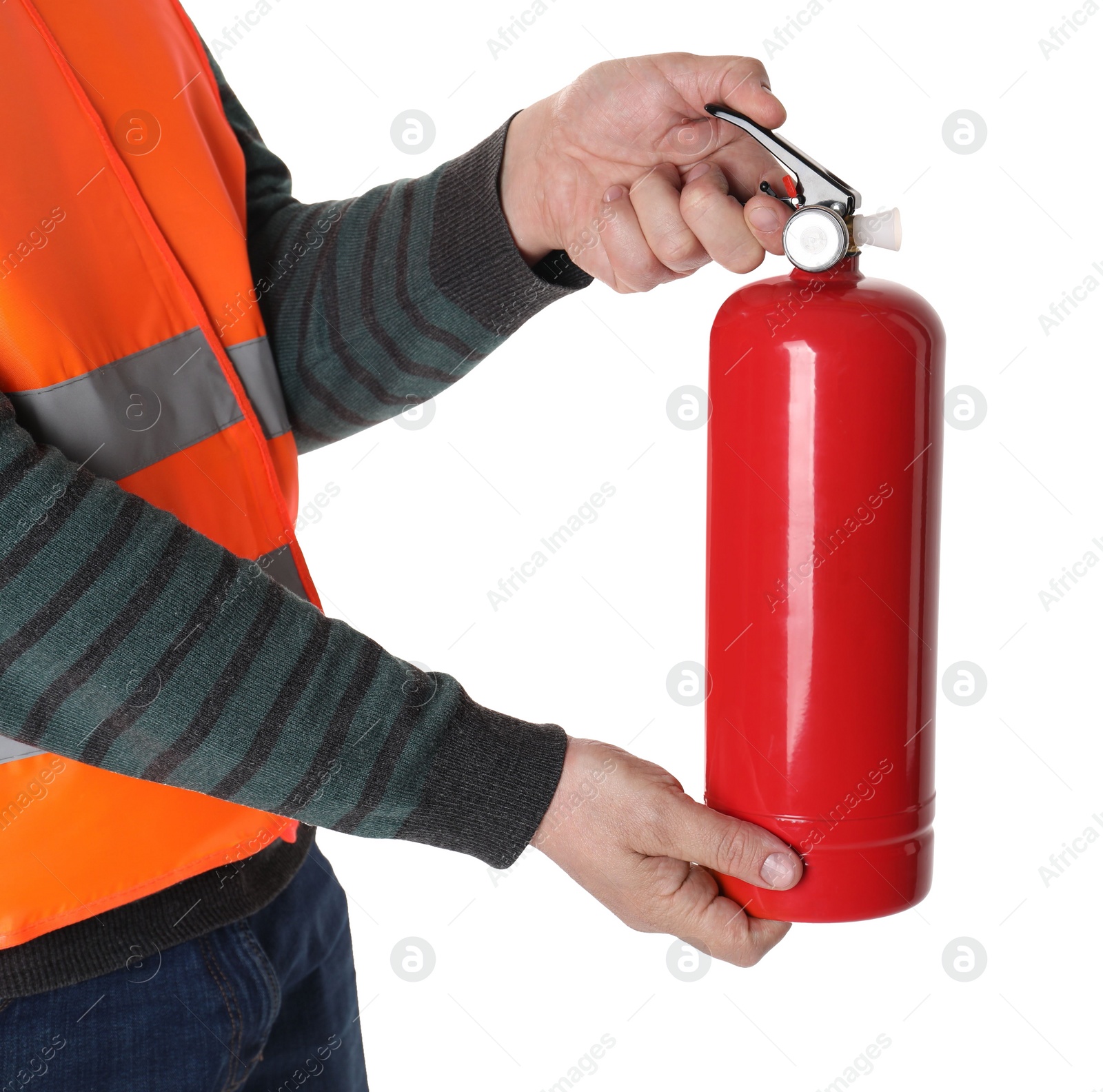 Photo of Man with fire extinguisher on white background, closeup