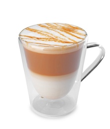 Glass cup of tasty caramel macchiato on white background