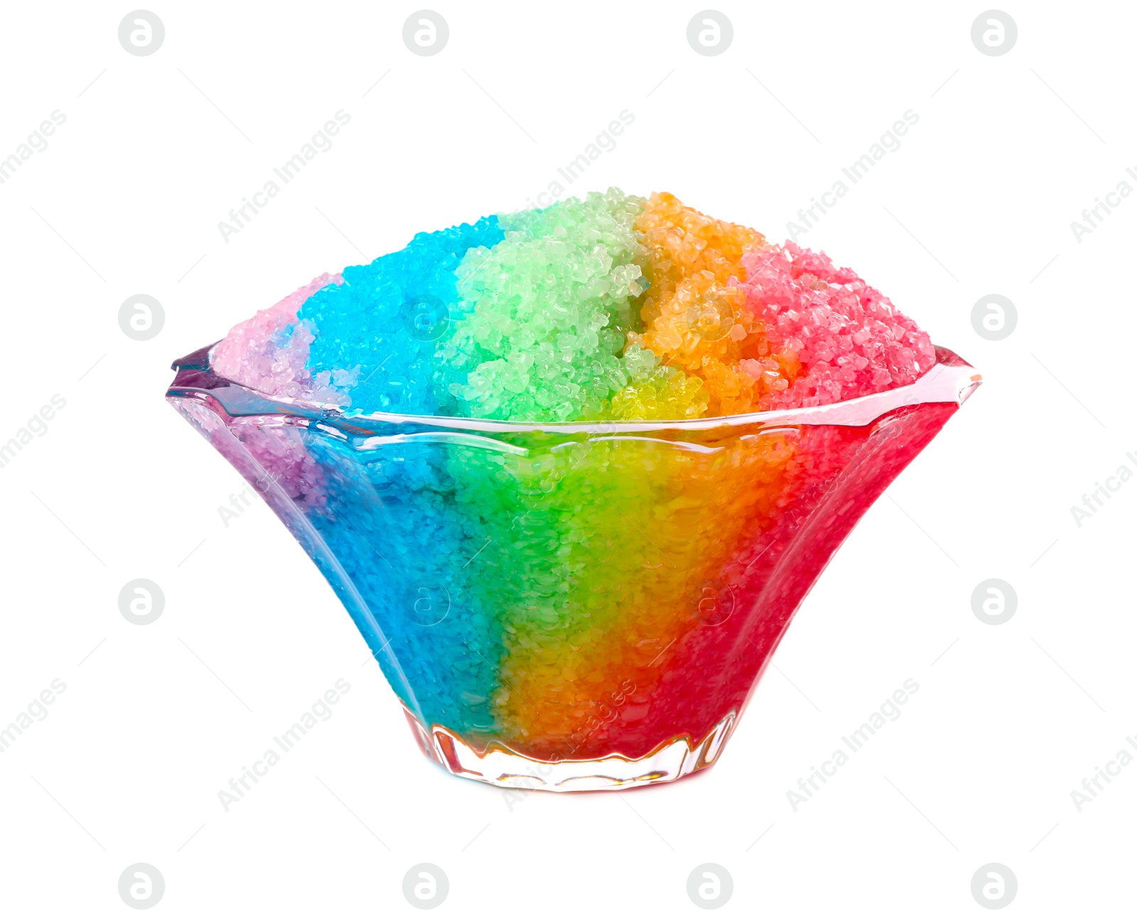 Photo of Rainbow shaving ice in glass dessert bowl isolated on white