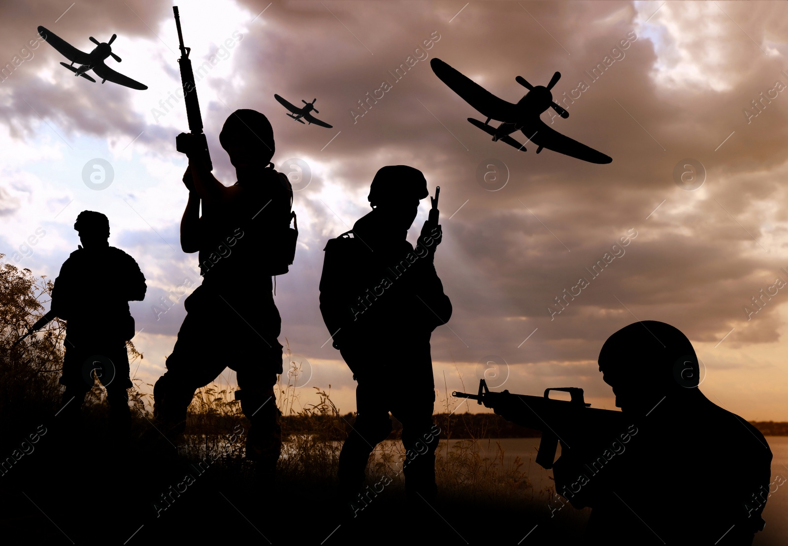 Image of Silhouettes of soldiers with assault rifles and military airplanes patrolling outdoors