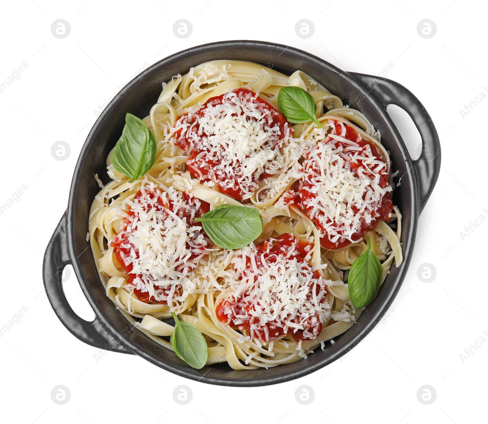 Photo of Delicious pasta with tomato sauce, basil and parmesan cheese isolated on white, top view