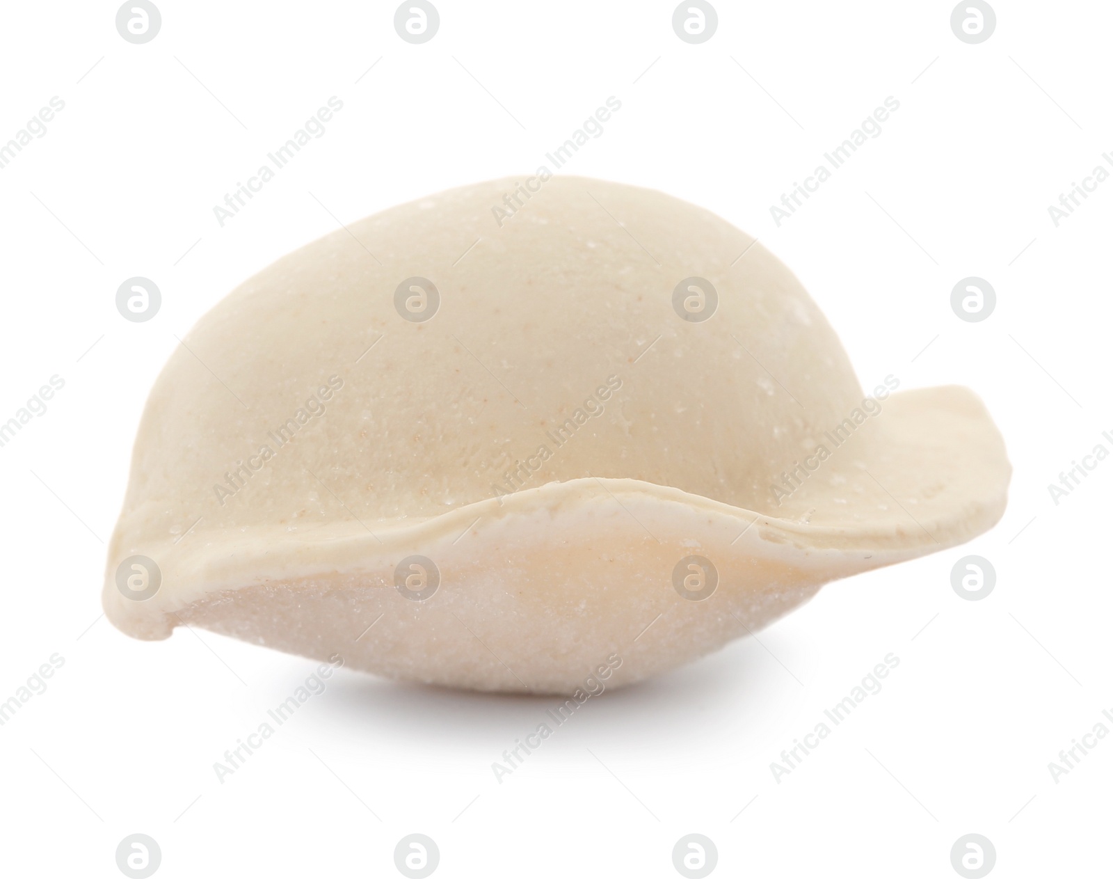 Photo of Raw dumpling with tasty filling on white background