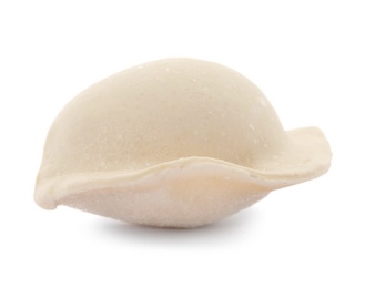 Raw dumpling with tasty filling on white background