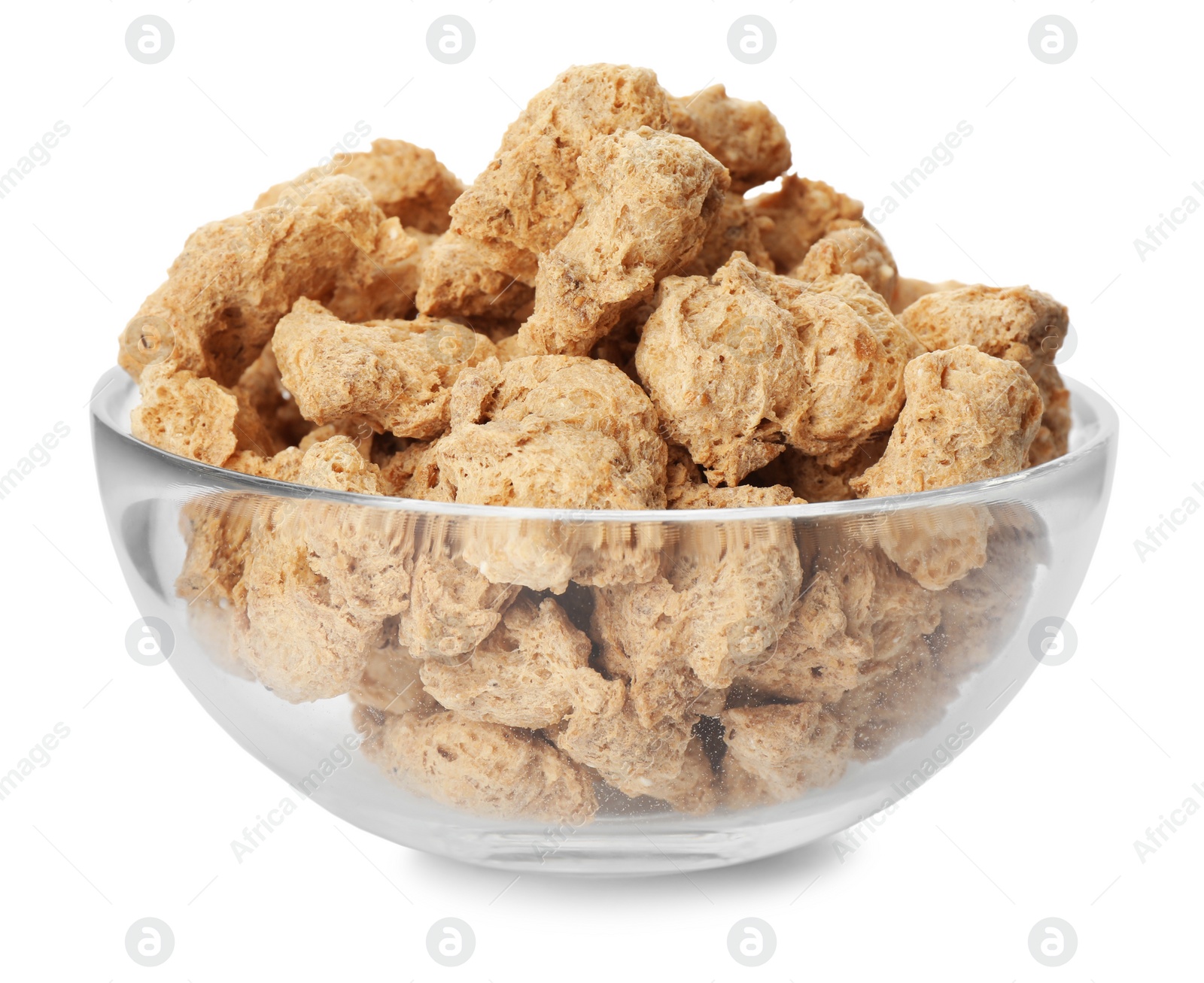 Photo of Dehydrated soy meat chunks in bowl on white background