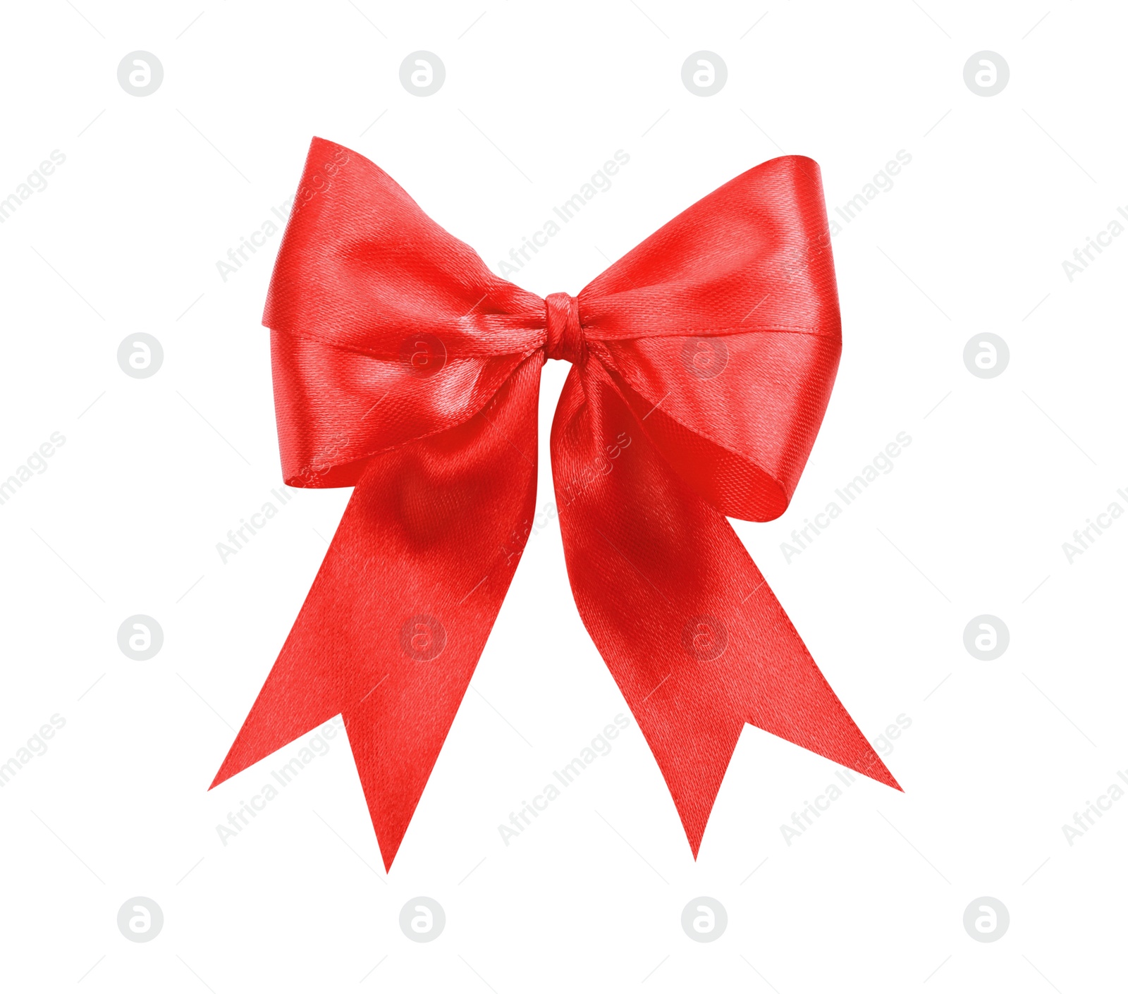 Photo of Beautiful red ribbon tied in bow isolated on white, top view