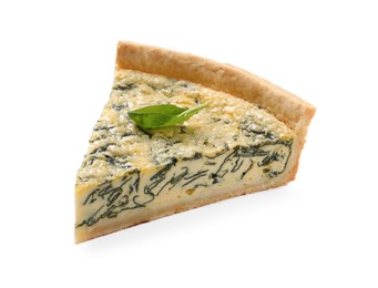 Photo of Piece of delicious homemade spinach pie isolated on white