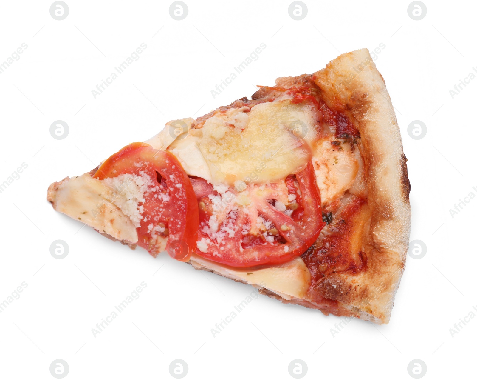 Photo of Piece of delicious Caprese pizza isolated on white, top view