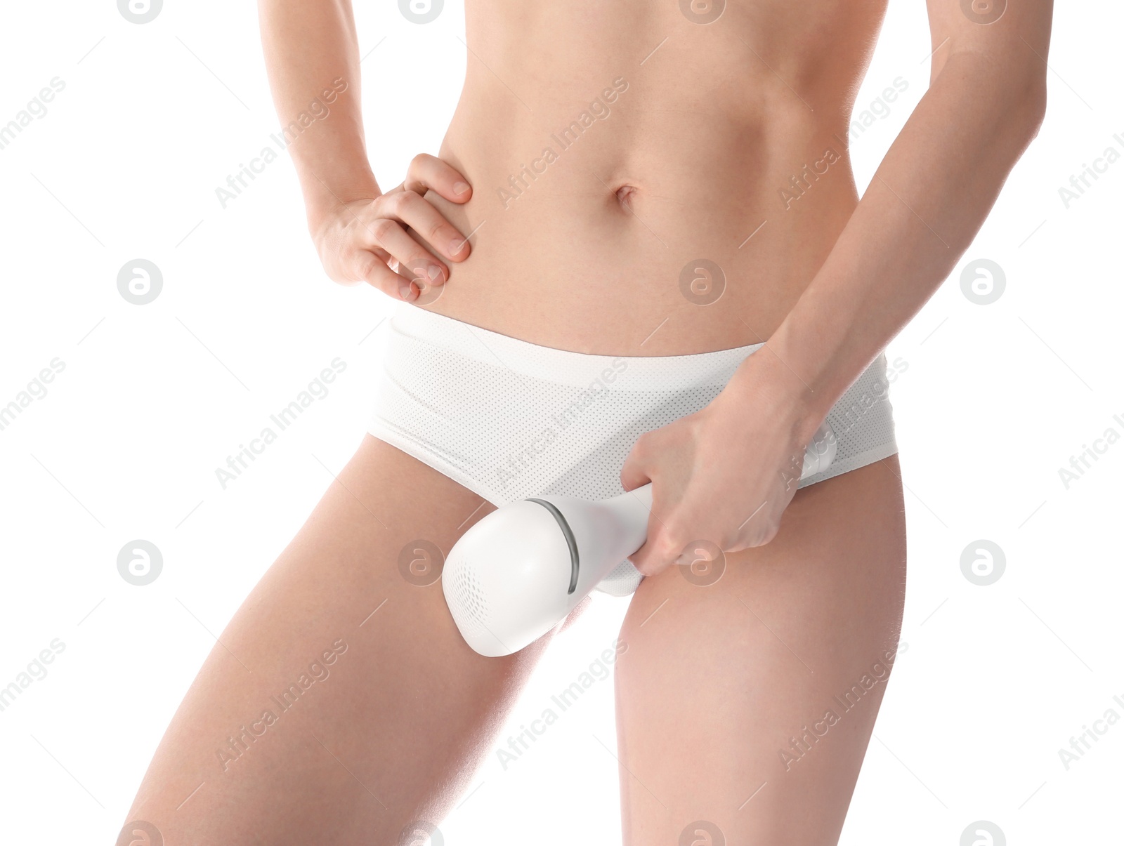 Photo of Young woman doing bikini epilation procedure on white background, closeup