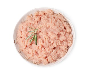 Fresh raw minced meat and rosemary in bowl isolated on white, top view