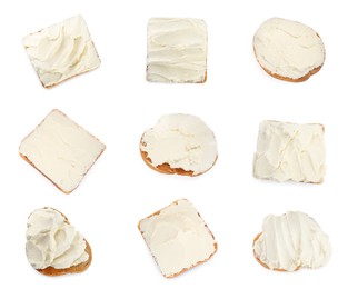 Bread with cream cheese on white background, collage 