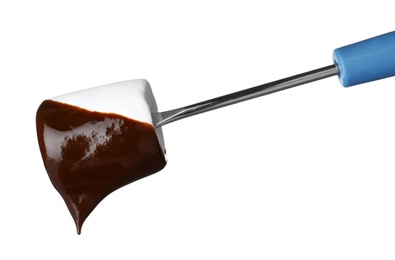 Marshmallow with chocolate on fondue fork against white background