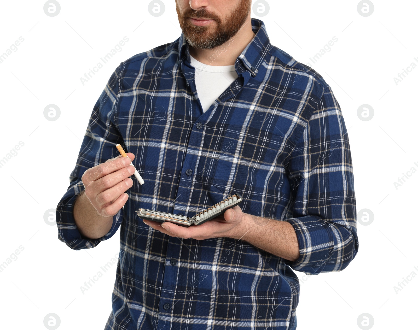 Photo of Man taking cigarette from case isolated on white, closeup